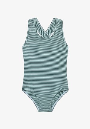 Kostium kąpielowy w paski w kolorze morskim i białym, z krzyżowanym tyłem, bez rękawów oraz gładką tkaniną z równomiernie rozmieszczonymi poziomymi paskami.