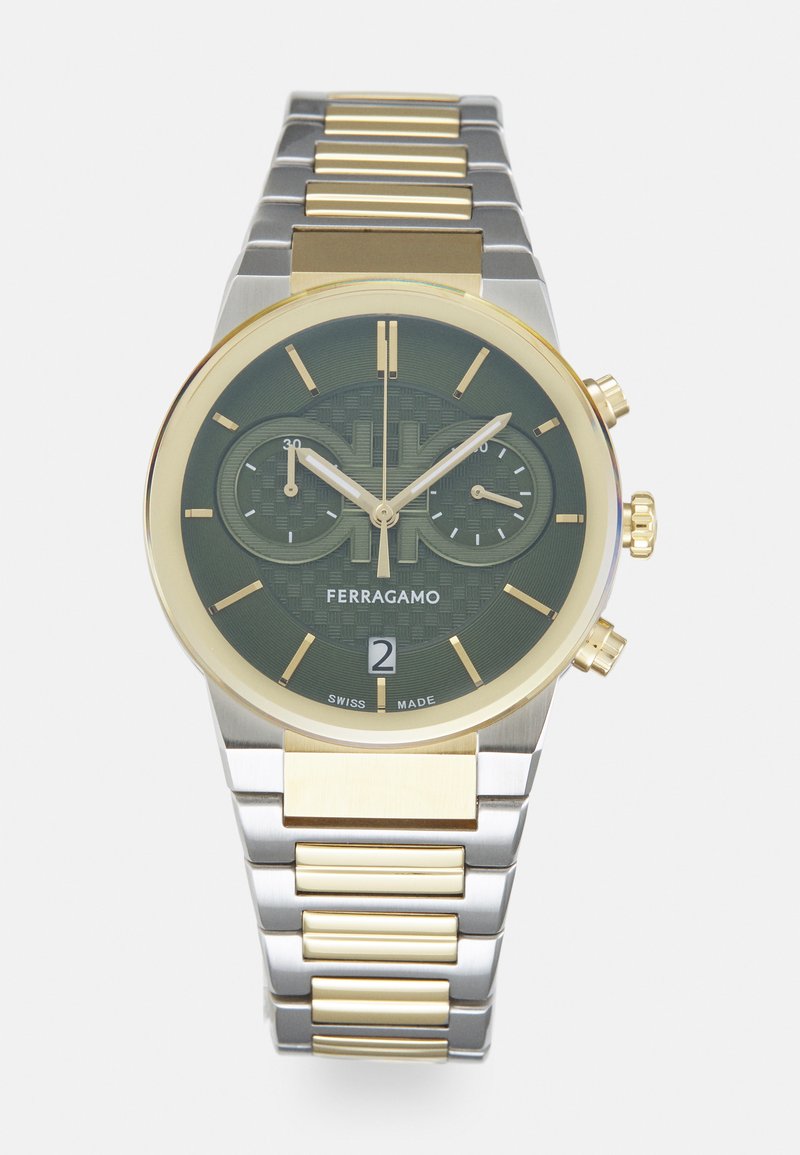 Green dial watch with gold accents, stainless steel and gold-tone bracelet, chronograph function, large numerals, and date display.