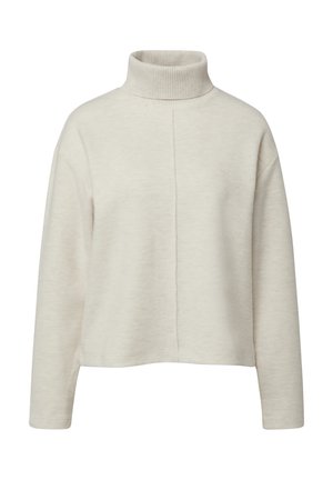 Kremowy sweter z golfem, miękka faktura, luźny krój, długie rękawy, minimalistyczne szwy, krótka długość, prążkowany detal na kołnierzu.