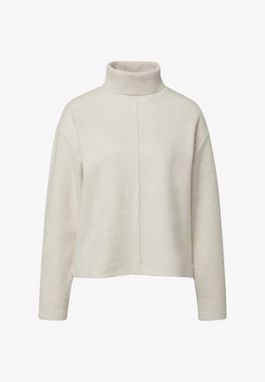 Kremowy sweter z golfem, miękka faktura, luźny krój, długie rękawy, minimalistyczne szwy, krótka długość, prążkowany detal na kołnierzu.