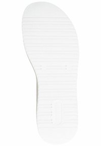 Weißer Schuhsohle mit einer strukturierten, gerippten Oberfläche und einer runden Zehenpartie. Markierungen umfassen ein Logo und mehrere horizontale Rillen für besseren Grip.