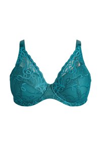 Reggiseno turchese in pizzo con motivi floreali, supporto con ferretto e spalline regolabili su sfondo bianco.