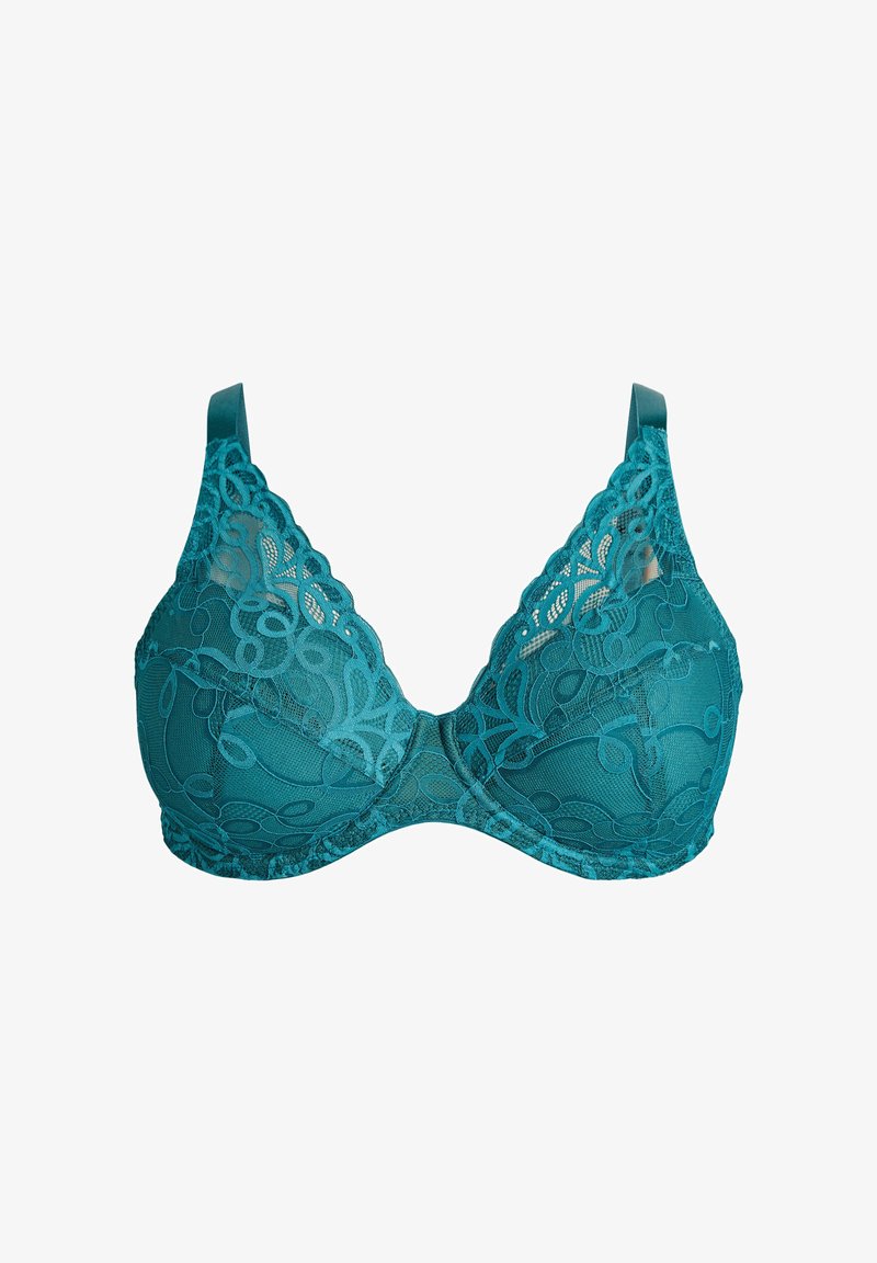 Reggiseno turchese in pizzo con motivi floreali, supporto con ferretto e spalline regolabili su sfondo bianco.