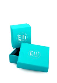 Tirkizna kutija za nakit s sjajnom završnom obradom, s bijelim kružnim logom na kojem piše "Elli WE ♥ JEWELS," djelomično otvorena kako bi otkrila crnu unutrašnjost.