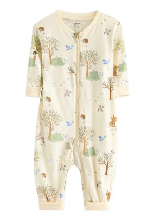 Kermanvärinen vauvan haalari vetoketjulla, koristeltu puita, sinisiä lintuja, jäniksiä, siilejä ja pieniä metsäeläimiä.