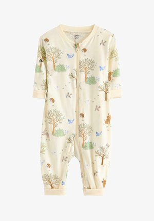 Kermanvärinen vauvan haalari vetoketjulla, koristeltu puita, sinisiä lintuja, jäniksiä, siilejä ja pieniä metsäeläimiä.