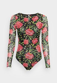 Långärmad svart baddräkt med ett blommönster i rosa och gult, med en figurnära design och mjukt, stretchigt tyg.