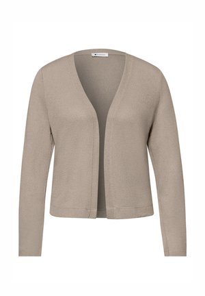 Beige cardigan med åbent front, lange ærmer, enkelt strikket tekstur og en lille kraveetiket.