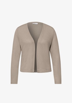 Cardigan beige à ouverture devant, manches longues, texture tricot simple et petite étiquette au niveau du col.