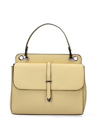 Borsa a mano in pelle gialla con un design strutturato, manico superiore, chiusura a patta, dettagli metallici e cuciture nere a contrasto.
