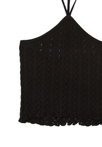 Cropped top nero a maglia con un motivo testurizzato, spalline sottili e orlo a onda. Il tessuto è leggero e traspirante.