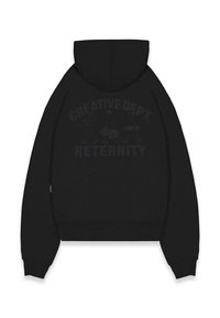 Black cotton hoodie featuring a large, tonal print on the back with text and cartoon figures. Includes a kangaroo pocket and ribbed cuffs.