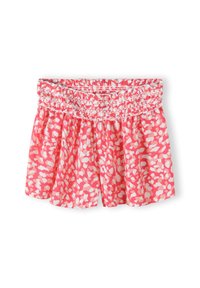Shorts corallo con cintura arricciata, dotati di un motivo a macchie bianche astratte, in tessuto leggero e dalla vestibilità comoda.