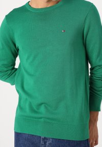 Homme portant un pull vert à manches longues avec un col rond et un petit logo rouge, blanc et bleu marine sur la poitrine, associé à un jean bleu.