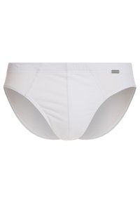 Slip di cotone bianco con una texture liscia, cinturino elastico e un sottile marchio metallizzato sulla parte anteriore sinistra.