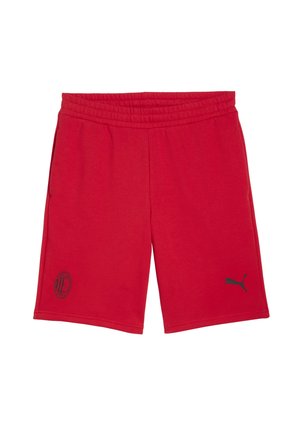 Rote Baumwollshorts mit elastischem Bund. Mit einem schwarzen Logo-Detail und einem kleinen Emblem am linken Bein. Glatte Textur.
