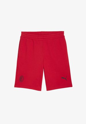 Pantaloni shorts rossi in cotone con elastico in vita. Presentano un dettaglio del logo nero e un piccolo emblema sulla gamba sinistra. Texture liscia.