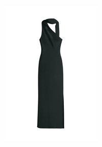 Schwarzes One-Shoulder-Kleid aus glattem Stoff, mit einem gedrehten Ausschnitt und einem seitlichen Schlitz für Bewegungsfreiheit.