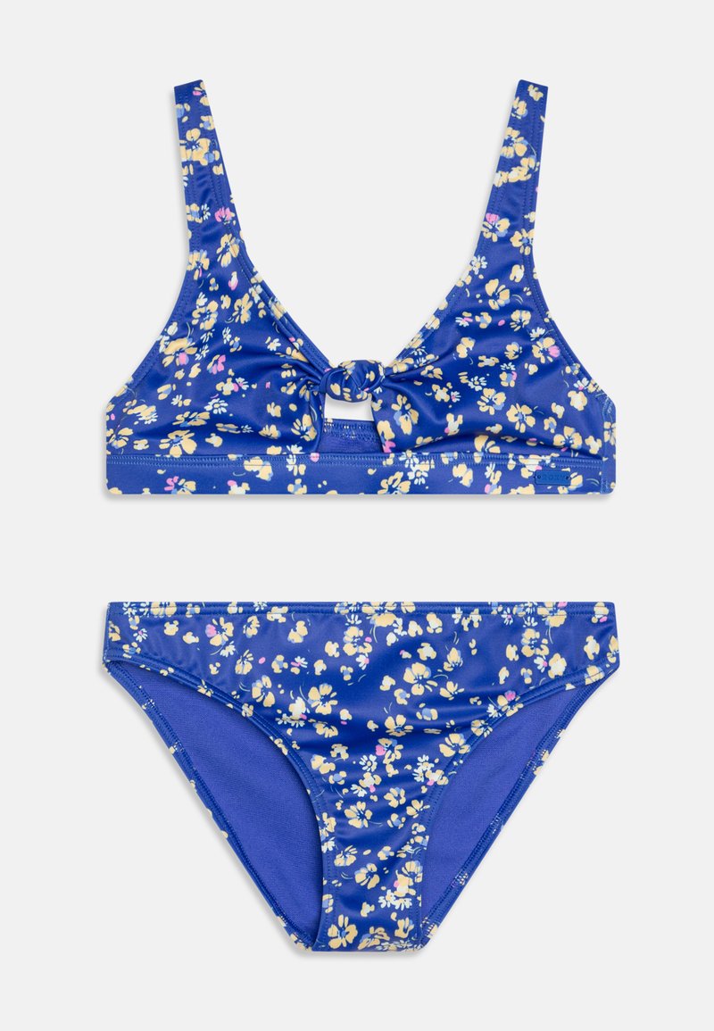 Plavi cvjetni bikini set sadrži čvorasti top s podesivim trakama i odgovarajuće donje dijelove, koji prikazuju uzorak žutih i ružičastih cvjetova.