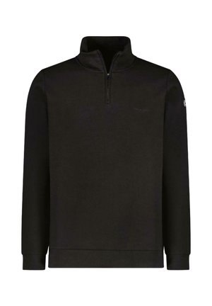 Zwarte zip-up sweatshirt met lange mouwen en een staande kraag. Heeft een klein logo op de borst en is ontworpen voor casual gebruik.