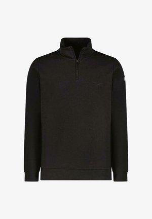 Zwarte zip-up sweatshirt met lange mouwen en een staande kraag. Heeft een klein logo op de borst en is ontworpen voor casual gebruik.