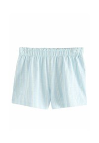 Shorts bleu clair avec des rayures verticales blanches, dotés d'une taille élastique et d'une texture légère et lisse.