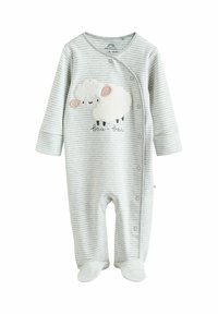 Body pentru bebeluși cu dungi gri, cu mâneci lungi, având o aplicație moale cu o oaie albă și închideri cu capse pe față. Design cu picioare.