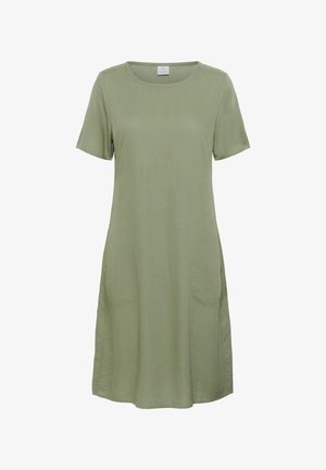 Olijfgroene jurk met korte mouwen en een ronde halslijn, twee zijzakken en een losse pasvorm. Gemaakt van een zachte, gestructureerde stof.