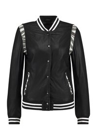 Svart läder varsityjacka med randiga vita detaljer på kragen och ärmsluten, med sidofickor och knappstängning framtill.