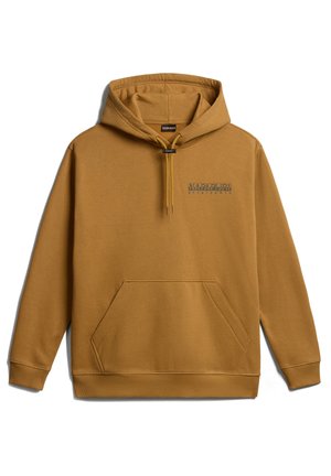 Sudadera con capucha marrón, con un bolsillo tipo canguro, puños y dobladillo de canalé. Presenta un logotipo impreso en gris oscuro en el pecho. Textura de tela suave.