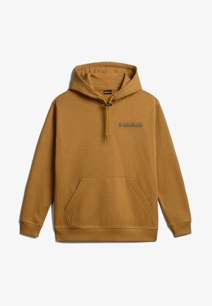 Bruine hoodie met een kangoeroenzak, ribgebreide manchetten en zoom. Kenmerkt zich door een logo-print in donkergrijs op de borst. Zachte stof structuur.