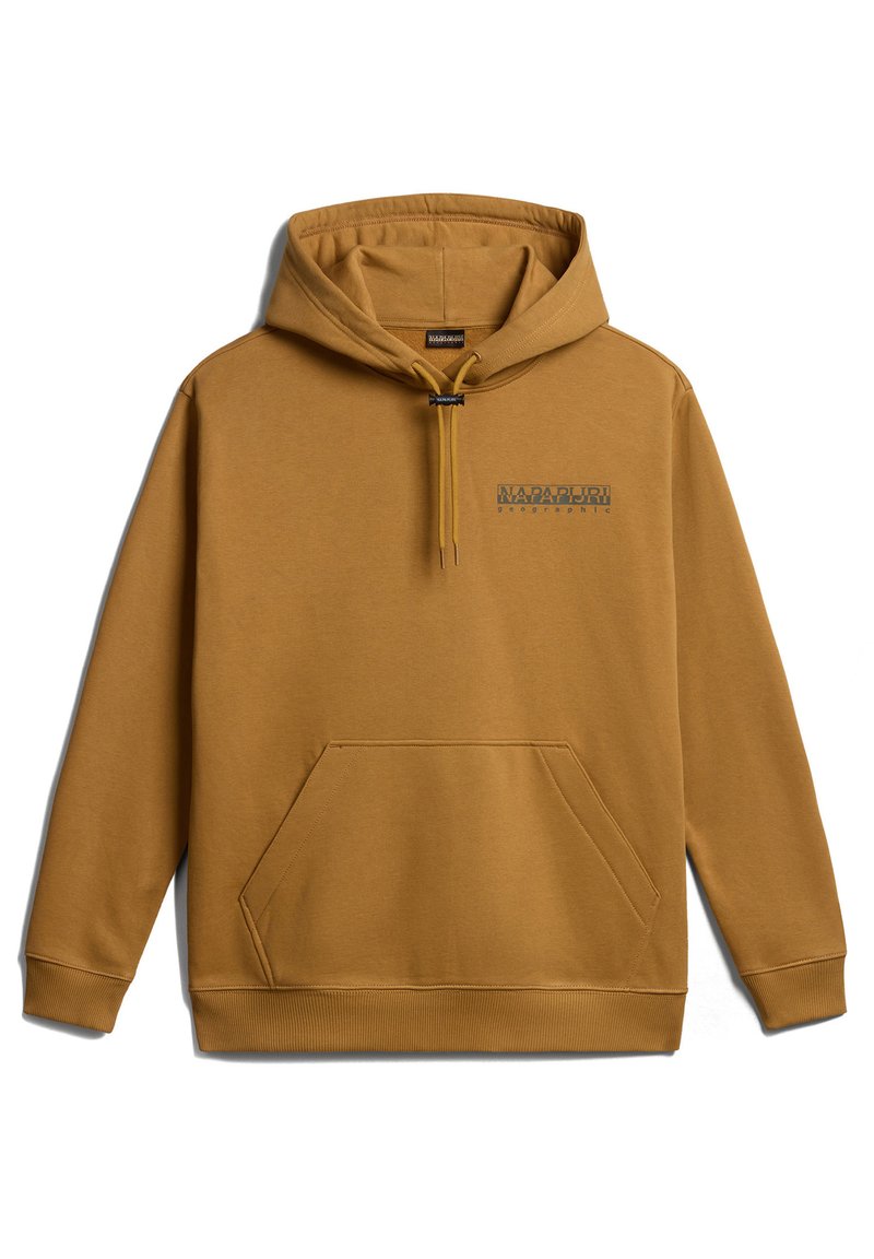 Sudadera con capucha marrón, con un bolsillo tipo canguro, puños y dobladillo de canalé. Presenta un logotipo impreso en gris oscuro en el pecho. Textura de tela suave.