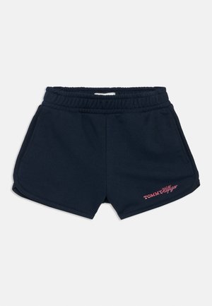 Marineblå shorts med elastisk midjebånd, sidelommer og en rosa brodert logo på kanten. Laget av mykt, pustende materiale.