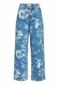 Jeans de pierna ancha con estampado floral en denim azul claro, de cintura alta y sutiles diseños de flores blancas. Presenta el clásico estilo de cinco bolsillos.