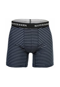 Marineblaue Boxershorts mit weißen horizontalen Streifen, elastischer Bund mit "SCOTCH & SODA"-Logo, weiches Baumwollmaterial, figurbetonter Schnitt.