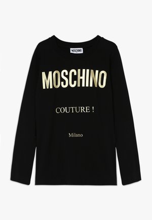 Schwarzes Langarm-T-Shirt mit goldener Aufschrift "MOSCHINO COUTURE ! Milano" deutlich auf der Vorderseite. Schlichtes, klassisches Design.
