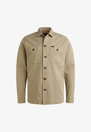 Khaki Hemd aus Baumwolle mit Knöpfen, zwei Brusttaschen, langen Ärmeln und einem klassischen Kragen, mit braunen Knöpfen und einem kleinen Logo.