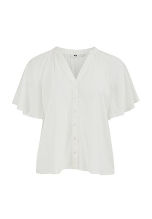 Balta trumpomis rankovėmis palaidinė su priekiniais mygtukais, V formos iškirpte ir laisvo, plazdančio audinio detalėmis ant rankovių ir pečių.
