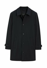 Schwarzer Mid-Length-Mantel für Herren mit Kragen, Knopfverschluss, Seitentaschen und geknöpften Riemendetails an den Ärmelbündchen.