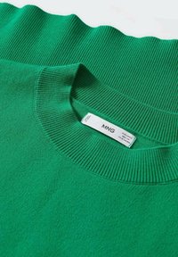 Groene trui met een ronde ribgebreide halslijn, een gladde textuur en labeldetails. Duidelijke steken en consistente kleur over de gehele trui.