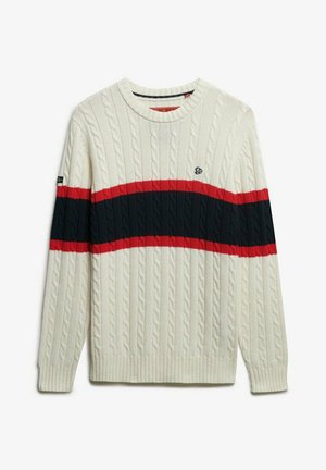 Cable-knit sweater i off-white med marineblå og røde vandrette striber. Har en rund halsudskæring og ribkantede ærmer og kontrast.