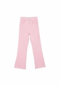 Rosa, ausgestellte Jeans aus Denim, mit hoher Taille, fünf Taschen und rohem Saum am Knöchel.