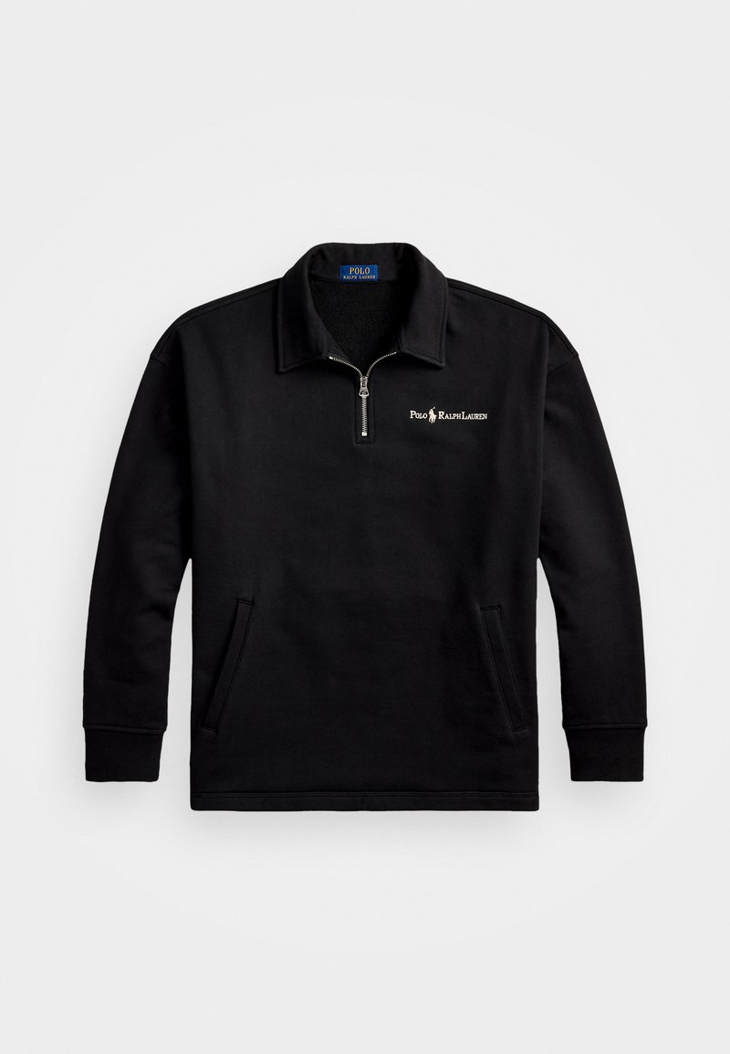 Fekete pulóver negyedcipzárral, hosszú ujjal és oldalzsebekkel. Az elején hímzett "Polo Ralph Lauren" logó található.