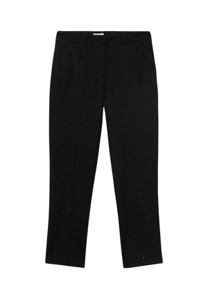 Zwarte broek met een rechte pijp, voorzien van kleine perforaties en een knoopsluiting in de taille. Gemaakt van gladde stof.