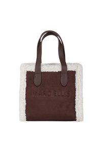 Borsa tote in suede marrone con dettagli in pelliccia color crema, doppi manici in pelle marrone e logo "MARC ELLIS" impresso sulla parte anteriore.