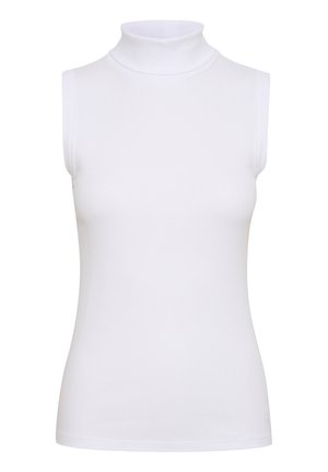 White sleeveless turtleneck top in ribbed fabric, featuring a fitted design and smooth texture, with a high collar and no visible hardware.