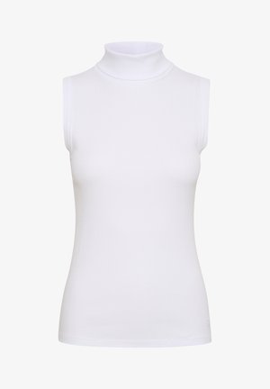 White sleeveless turtleneck top in ribbed fabric, featuring a fitted design and smooth texture, with a high collar and no visible hardware.