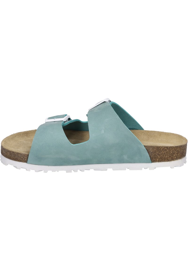 Zwei-Riemen-Sandalen aus hellblauem Wildleder mit weißen Schnallen und strukturiertem Kork-Fußbett. Verfügt über eine weiße Gummisohle für besseren Halt.