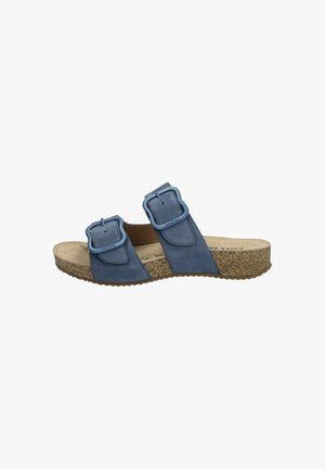 Blue leather slide sandal with two adjustable buckle straps, natural cork footbed, textured rubber sole, and a flat design.