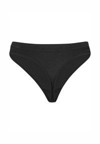 Zwarte katoenen stringonderbroek met een zachte elastische tailleband, voorzien van een gestructureerde stof en minimale stikseldetails aan de zijkanten.